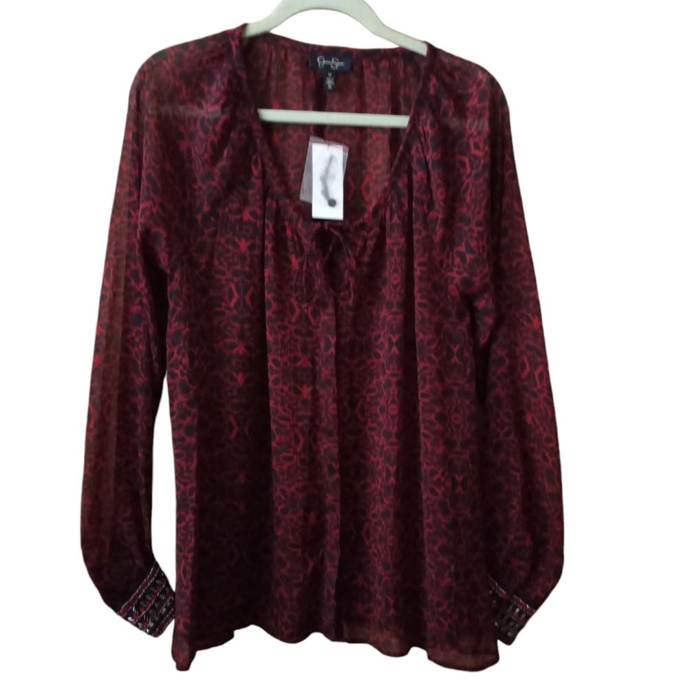 Jessica Simpson Red Cosmo Chime Sheer Blouse Beaded Cuffs Long Sleeve Medium